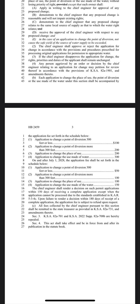 Kansas irrigators, be aware of HB 2459.

I hope I’m wrong, but as I’m understanding, “Safe Yield” terminology added would strip landowners of their ability to redrill if state feels further decline of aquifer could occur. 

Open to hearing comments or corrections.