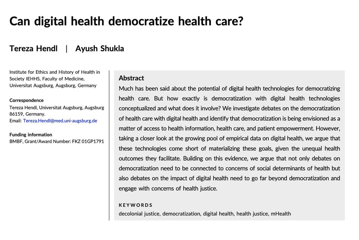 Just out in #Bioethics: latest paper by <a href="/TerezaHendl/">Tereza Hendl</a> and <a href="/ayushcic/">Ayush Shukla</a>, exploring whether digital health can democratize health care. Open access: bit.ly/3u4u7hT

#DigitalHealth #mHealth #DigitalHealthEthics #BigData #GlobalHealth #HealthJustice