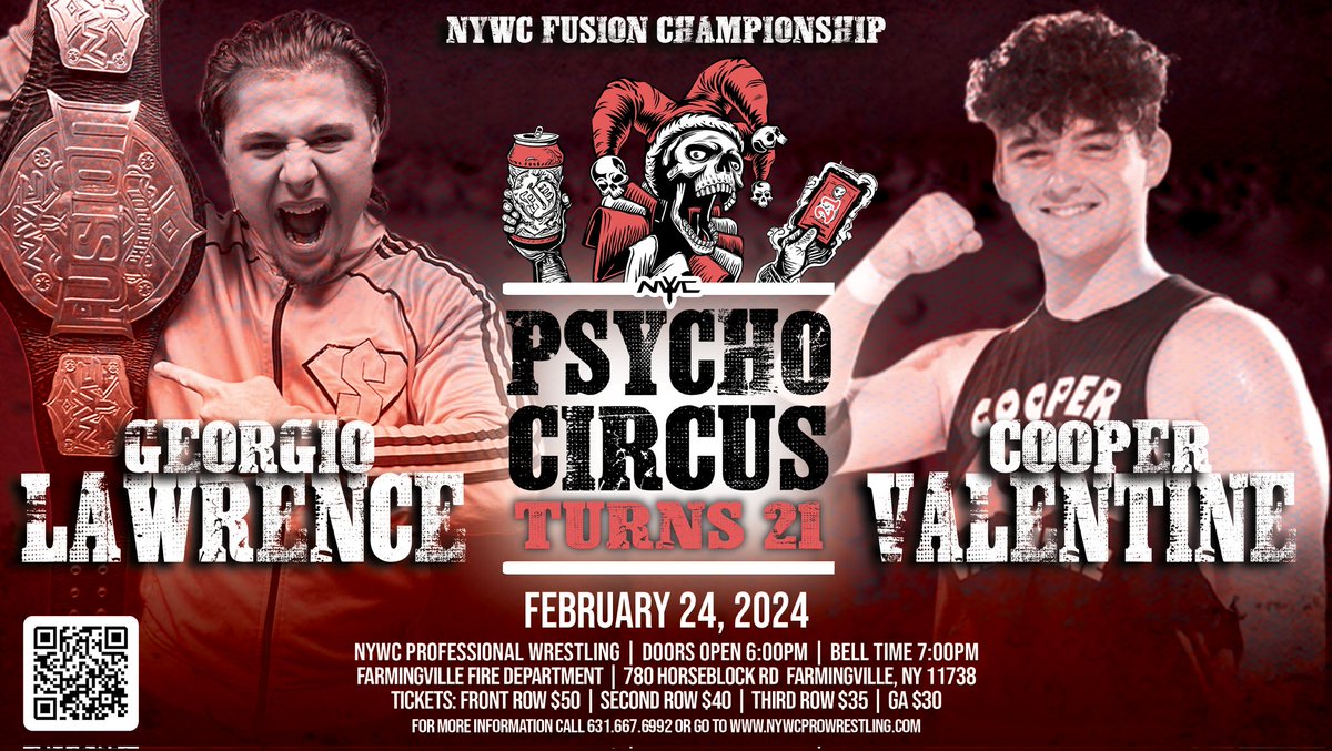 NYWC Fusion Champion Georgio Lawrence will defend that championship against impressive NYWC academy graduate Cooper Valentine in his first ever NYWC match at Psycho Circus! Psycho Circus takes place on Feb 24th nywcprowrestling.com for tickets #wwe #nxt #aew #mlw #tna #nwa