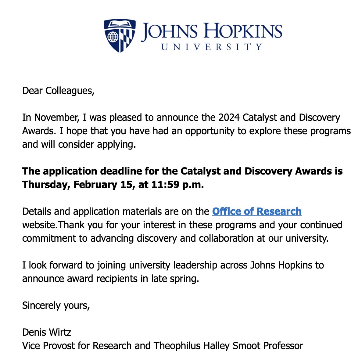 My office oversees an annual investment of >$5M that supports collaborative research and early-career faculty at the Johns Hopkins University. Hopkins researchers, please apply to: (1) Discovery award: research.jhu.edu/major-initiati… (2) Catalyst award: research.jhu.edu/major-initiati… Feb 15