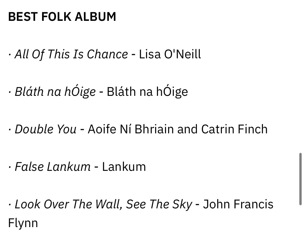 Surreal to wake up to the news that we have been nominated for @RTERadio1 Folk Awards 2023! We are chuffed to receive nominations for Best Emerging Artist and Best Traditional Folk Tracks, along with 3 nominations with the best gang Bláth na hÓige. Muid thar a bheith buíoch🙏🏼🎶