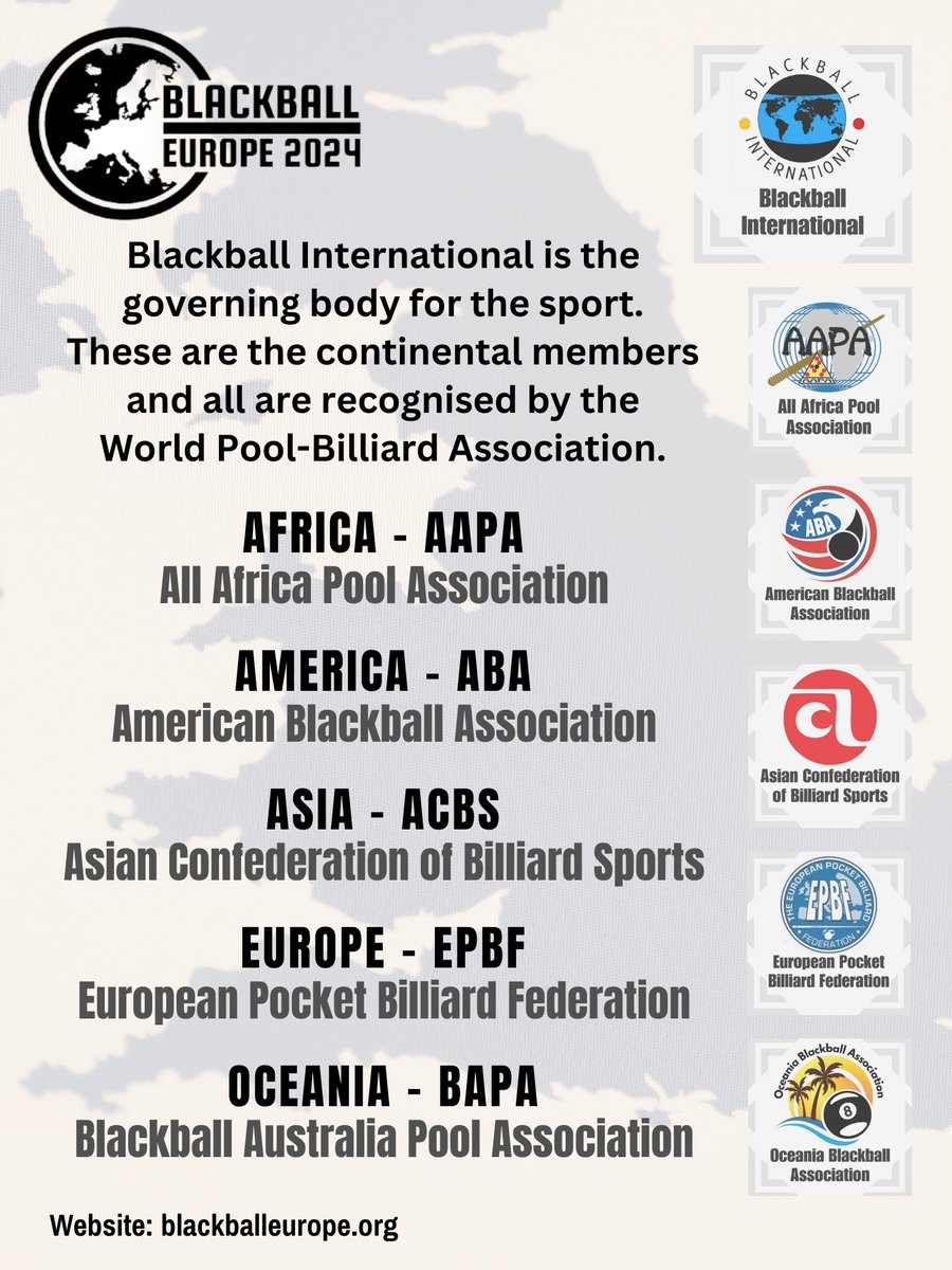 ebapool's tweet image. Blackball International is the governing body for the sport of blackball pool worldwide.
These are the continental members and all are recognised by the World Pool-Billiard Association.