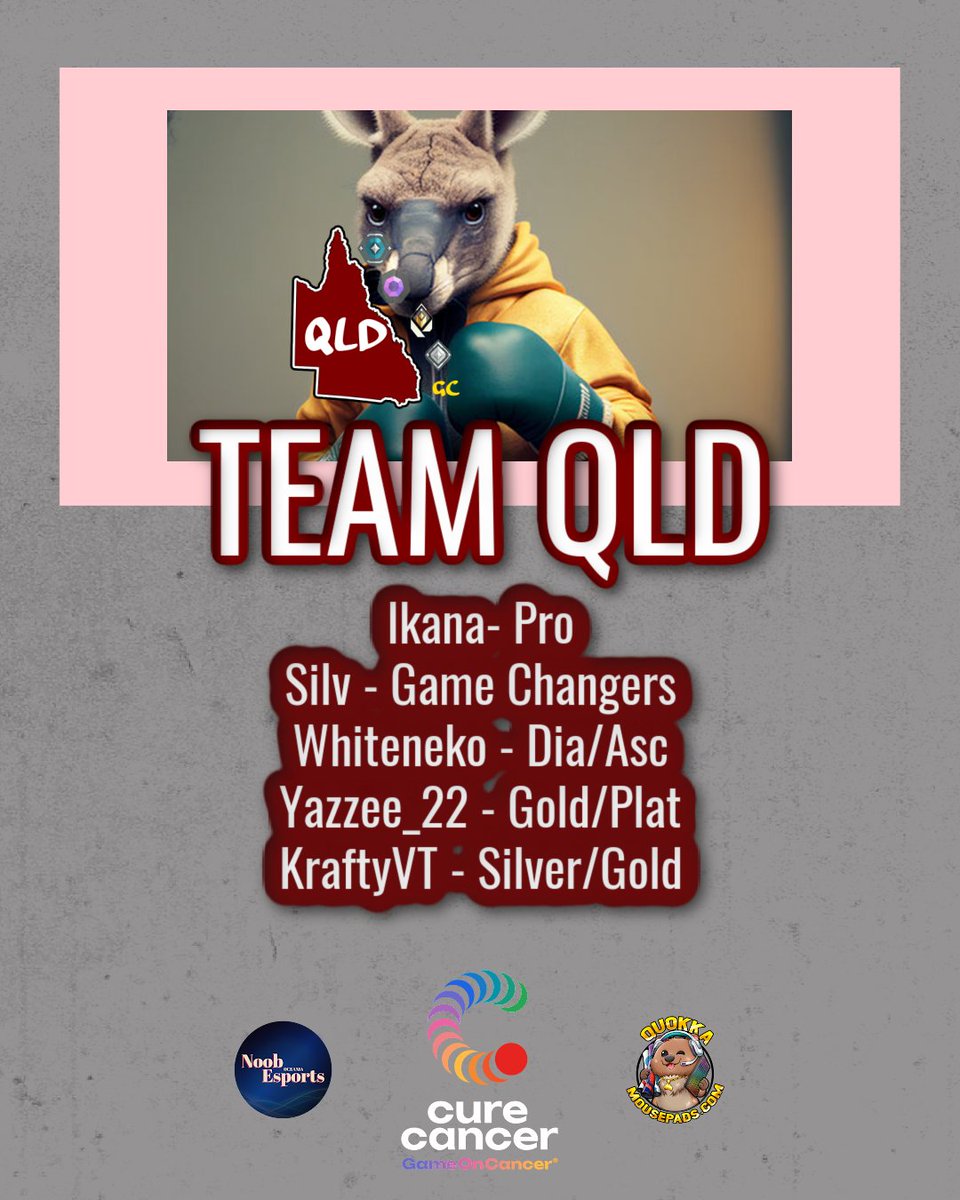 INTRODUCING YOUR NOOB ESPORTS REGIONAL CLASH TEAMS!

These are the legends that are going to be battling it out for <a href="/GameOn_Cancer/">Game On Cancer®</a> 

Meet Team QLD
<a href="/ikanaa_a/">ikana 🐝</a> - Pro
<a href="/silv0918/">silv</a> - Game Changers
<a href="/Whiteneko55/">Shironeko</a> - Dia/Asc
<a href="/Yazzee_22/">Yazzee</a> - Gold/Plat
<a href="/KraftyKaii/">KraftyVT</a> - Silver/Gold