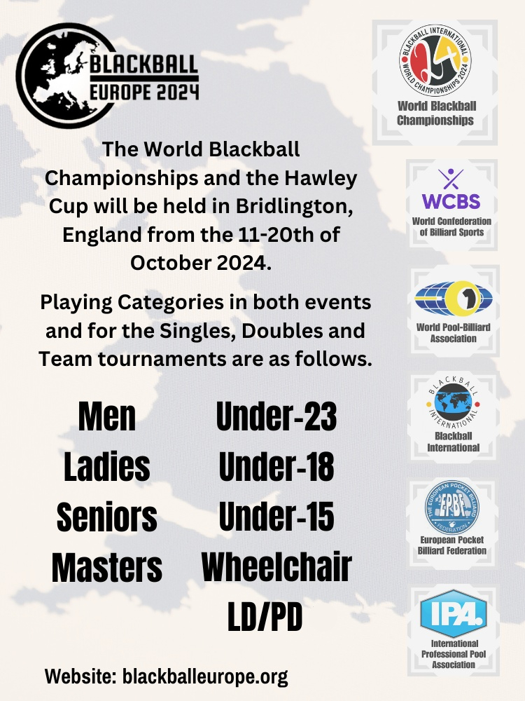 ebapool's tweet image. Playing Categories for Singles, Doubles and Team tournaments for the 2024 World Blackball Championships and The Hawley Cup in Bridlington.