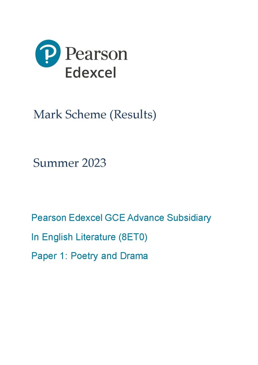 PEARSON EDEXCEL AS LEVEL English Literature PAPER 1 2023 MARK SCHEME (8ET0/01: Poetry and Drama). DOWNLOAD OFFICIAL AND VERIFIED EDEXCEL PEARSON AS LEVEL English Literature PAPER 1 2023 MARK SCHEME on leakedexams.com INSTANTLY. https://leakedexa...