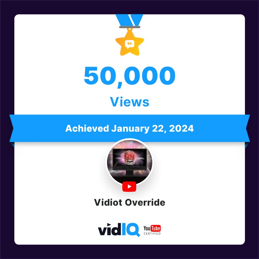 🏆 My YouTube channel achieved 50,000 views on 22nd January 2024! Track and celebrate your own success today for free with <a href="/vidIQ/">vidIQ</a> vidiq.com/certificates/M…