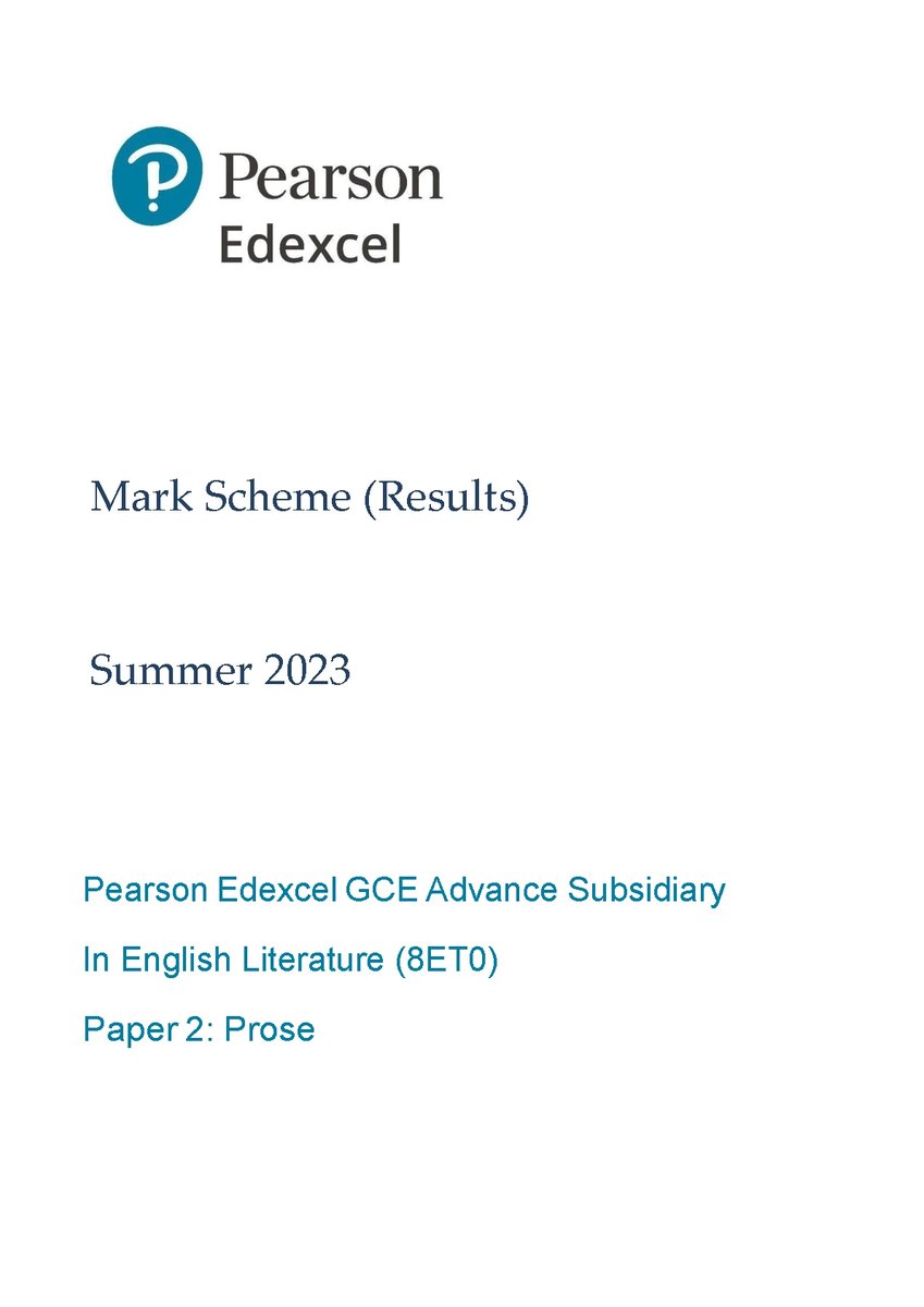 PEARSON EDEXCEL AS LEVEL English Literature PAPER 2 2023 MARK SCHEME (8ET0/02: Prose). DOWNLOAD OFFICIAL AND VERIFIED EDEXCEL PEARSON AS LEVEL English Literature PAPER 2 2023 MARK SCHEME on leakedexams.com INSTANTLY. leakedexams.com/item...