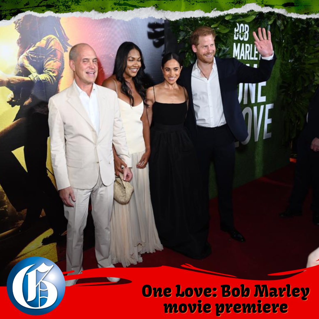 Prince Harry and his wife, Meghan, arrive at the Carib 5 theatre in Cross Roads, St Andrew, for the Bob Marley: One Love movie premiere. The film will be released in theatres on February 14. #GLNREnt 

📸: Rudolph Brown