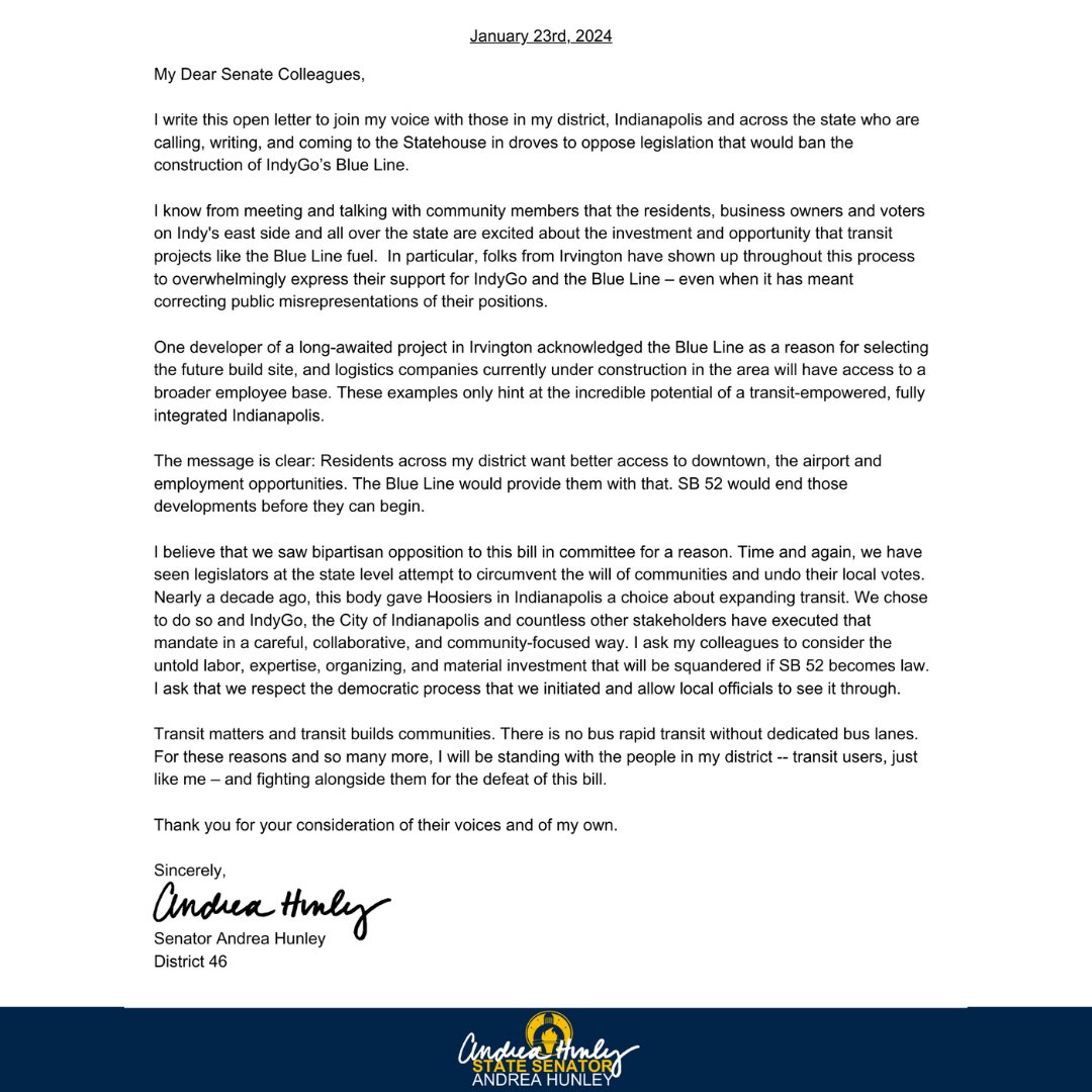 BREAKING🚨 The Senate just announced that SB 52, which threatens the Blue Line &amp; transit statewide, will be heard THIS THURSDAY. I'll keep updates coming. For now I hope you'll read and join my open letter urging my colleagues to protect transit. Sign on: indianasenatedemocrats.org/s46/