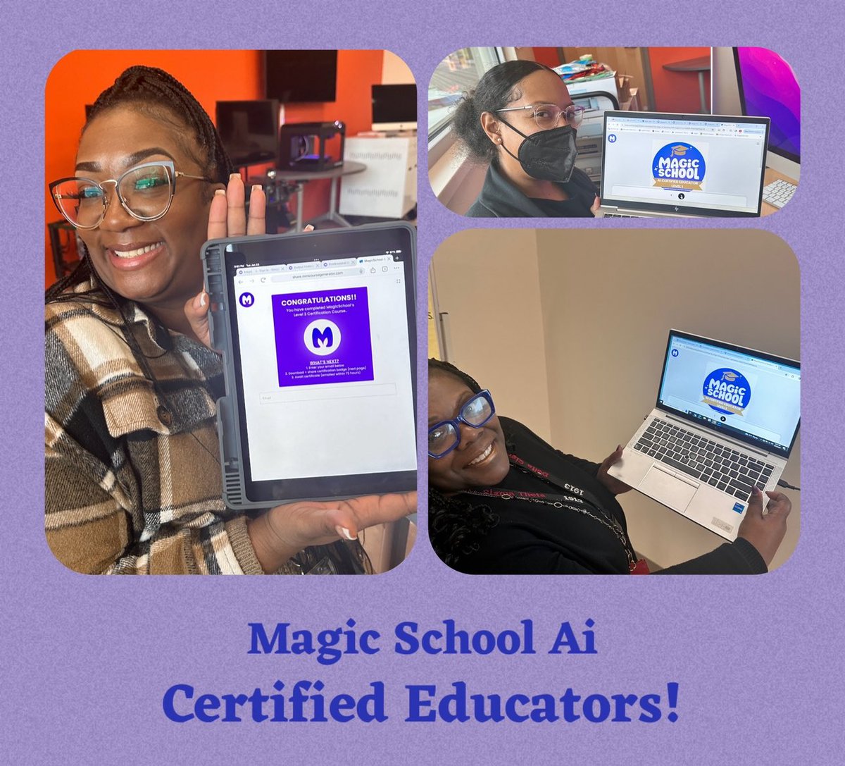 As a certified trainer, I'm thrilled to share that @JJenkinsTAG, our counselor <a href="/TrinaScounselor/">TAG Academy School Counselor</a>, and <a href="/JBoydeducator/">Janay Boyd</a> have all become <a href="/magicschoolai/">MagicSchool AI 💜 🪄✨</a> certified educators! Huge shoutout to <a href="/JBoydeducator/">Janay Boyd</a> for reaching Level 3 certification! 
#itsmagic