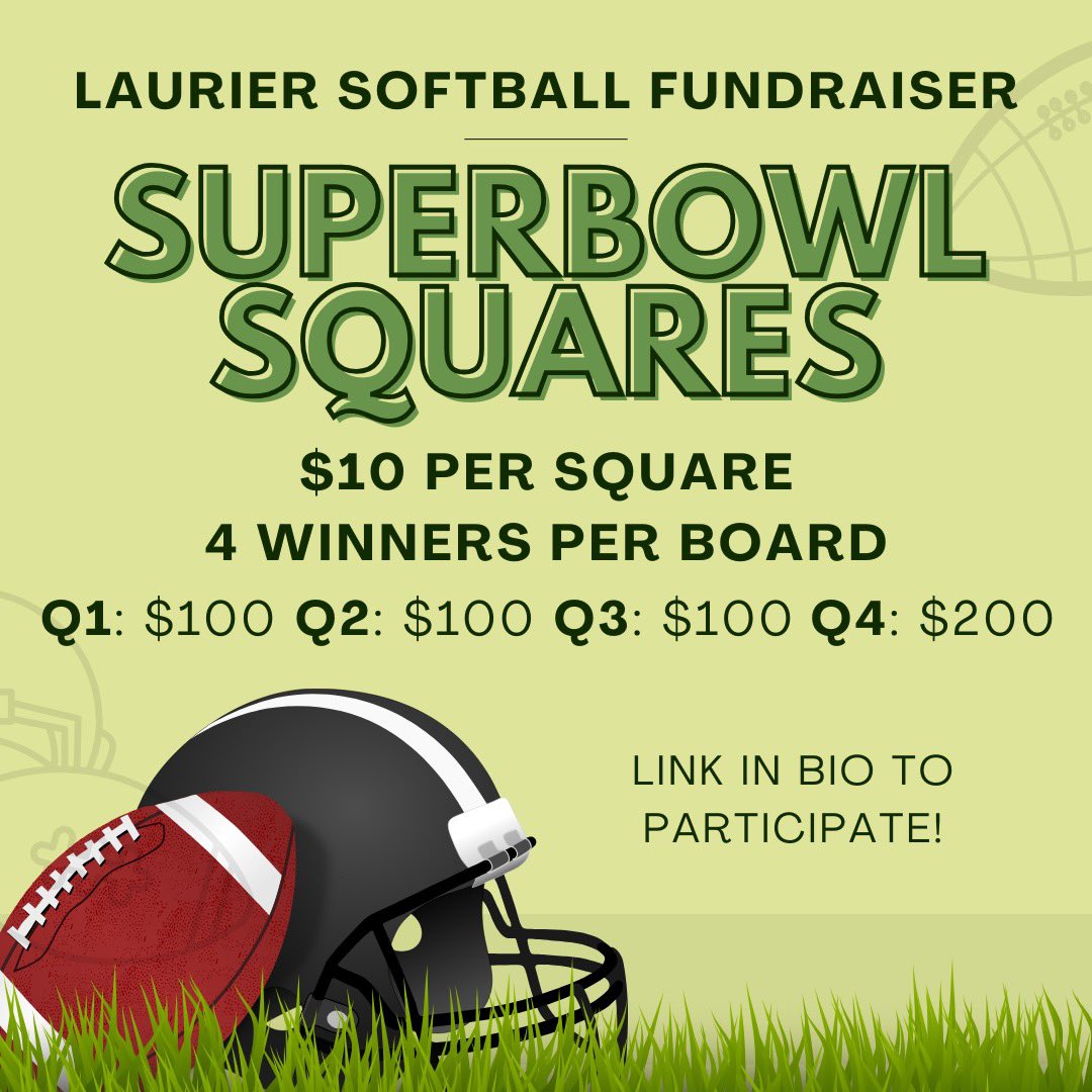 Laurier Softball is hosting a Superbowl Squares fundraiser for our program. All proceeds will go towards bettering our program and student athletic life! DM us for information on how to participate! 

Who do you want to be in the Superbowl this year? 🏈