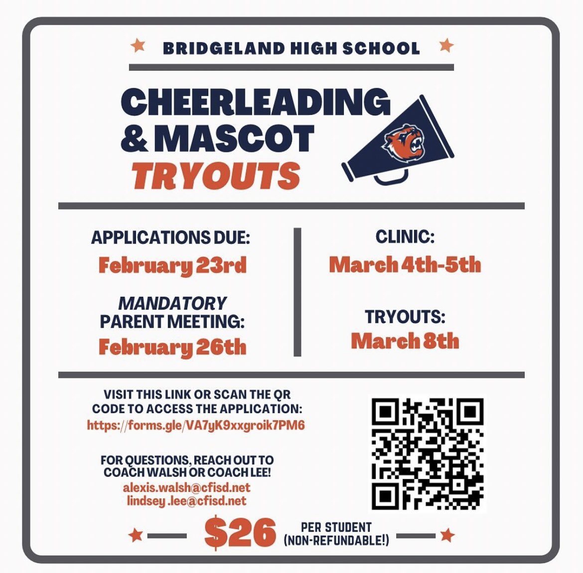 It’s that time of the year! Click the form below if you’re interested in being a Bridgeland Cheerleader for 2024-2025!

docs.google.com/forms/d/e/1FAI…
