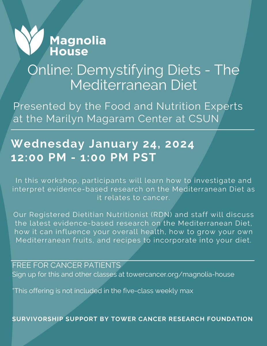 In this workshop, participants will learn how to investigate and interpret evidence-based research on the Mediterranean Diet as it relates to cancer. Our Registered Dietitian Nutritionist (RDN) and staff will discuss the latest evidence-based research on the Mediterranean Diet.