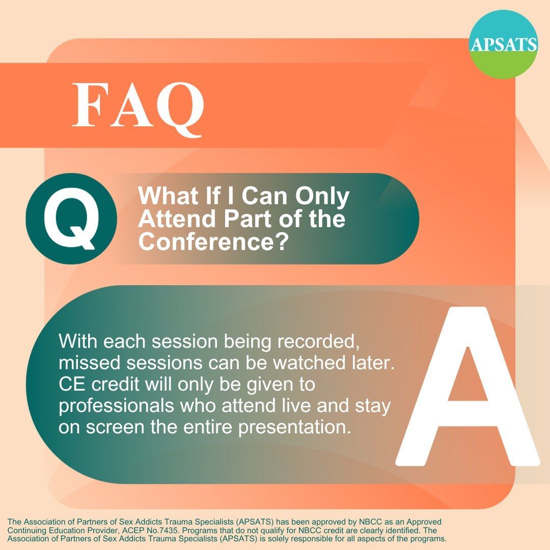 APSATSOrg's tweet image. Got questions before registering for the APSATS Annual Conference? 
Check out our FAQs for quick answers. Secure your spot today! For more details, visit apsats.org/annual-confere…. 

#faq #qanda #Insightful #apsats #annualconference #registertoday #betrayaltrauma #counselors
