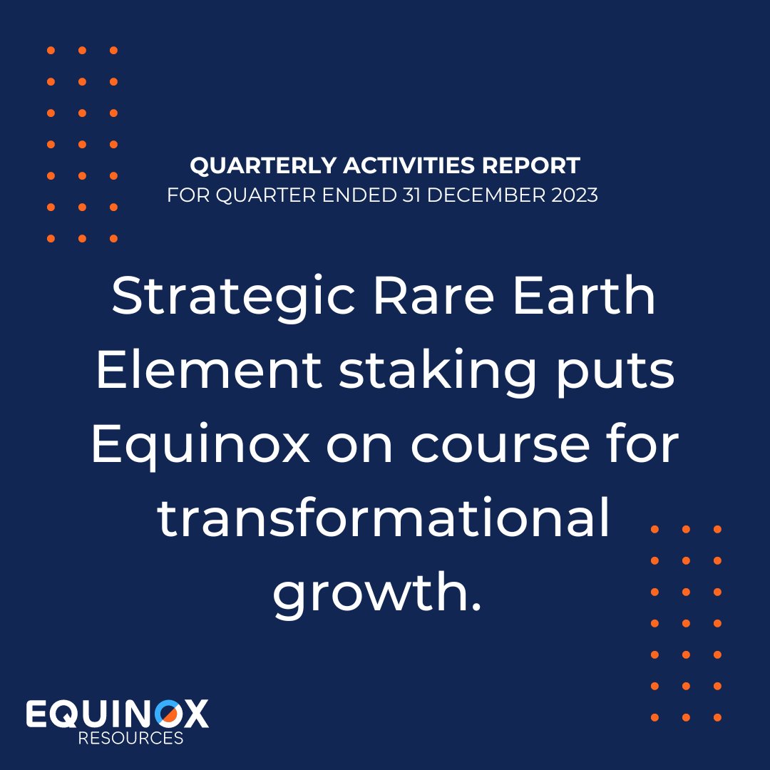 The establishment of the new province-scale Campo Grande and Mata da Corda Rare Earth Projects in the December Quarter has put Equinox on course for transformational growth. ow.ly/YJeT50QtnPR $EQN #rareearths #Brazil #exploration #growth #ASX #ausbiz #REE