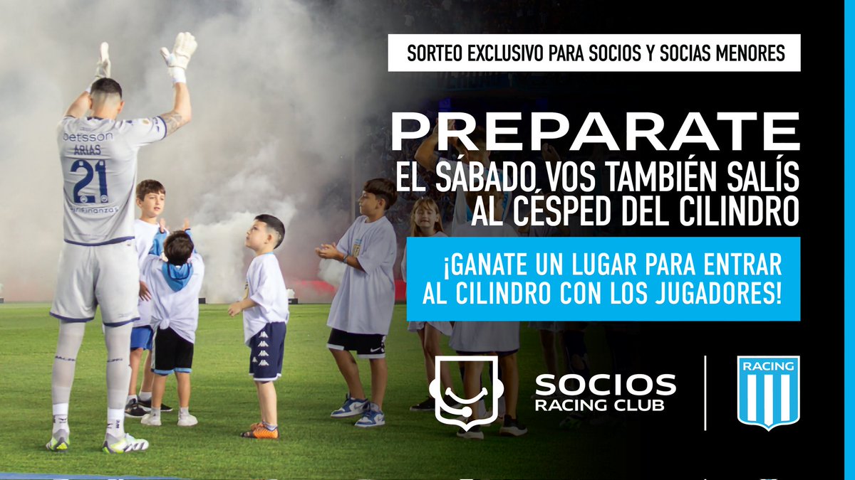 RacingSocios's tweet photo. ¡Pedían que vuelva! 👧👦

El sábado, los socios y socias de entre 6 y 11 años de edad pueden participar para salir al césped del Cilindro con los jugadores 🏟️

¿Cuales son los requisitos para participar? 👇

✅ Comentá su nombre y sus últimos 3 números de socio/a.
✅ Hacé RT a la publicación.
✅ Cuota enero 2024.
✅ Estar registrados en https://t.co/CZkCgwx3mO.

2⃣ Doble chance para abonados/as 2024.

⏰ Anunciaremos a los ganadores y ganadoras el viernes 26/01 a partir de las 14 horas.