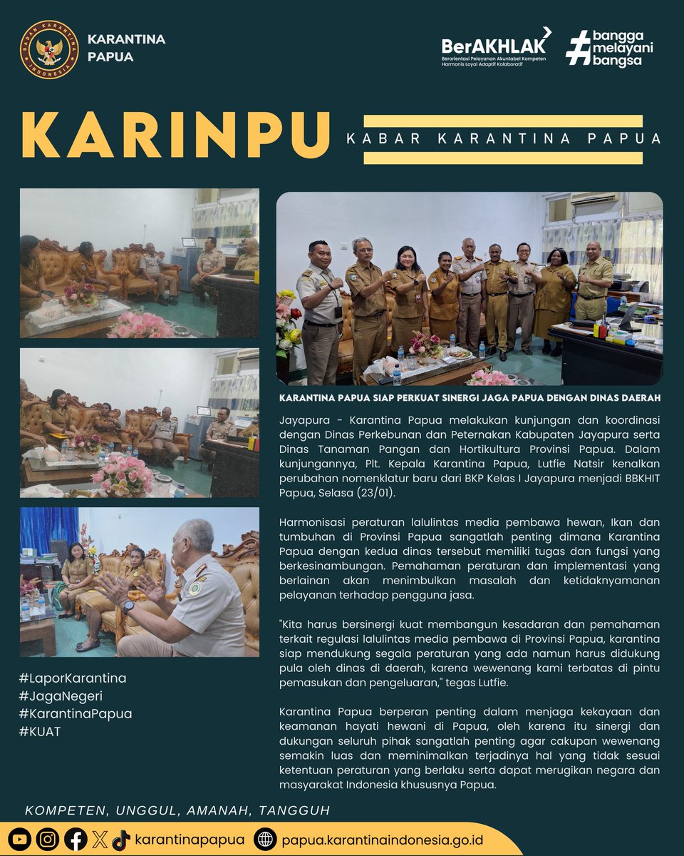 karantinapapua's tweet photo. Jayapura - Selasa (23/01), Karantina Papua Siap Perkuat Sinergi Jaga Papua Dengan Dinas Daerah

#LaporKarantina
#JagaNegeri
#KarantinaPapua
#KUAT https://t.co/KlgtH7NLZS