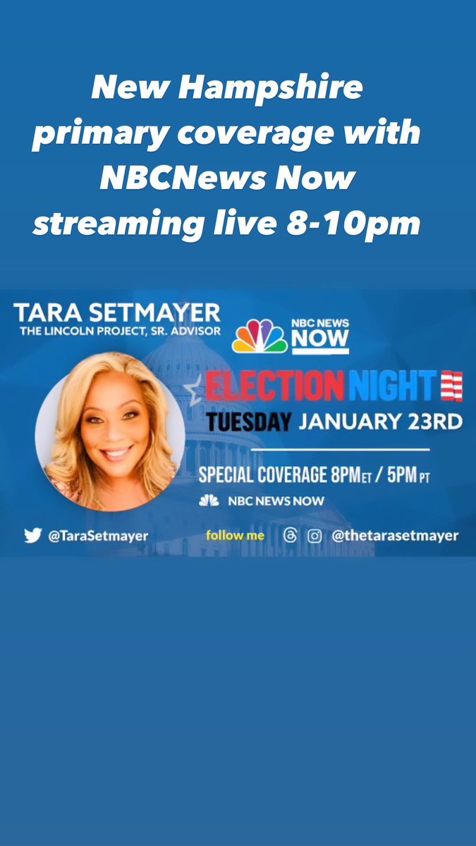TaraSetmayer's tweet image. Joining NBCNews Now special election night coverage from 30 Rock in NYC from 8-10pm. 

#NHPrimary