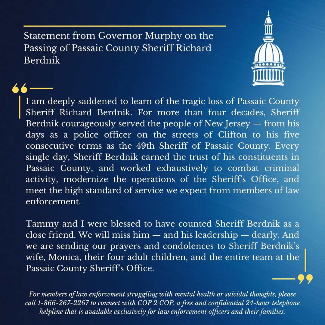 Sheriff Berdnik courageously served the people of New Jersey — from his days as a Clifton police officer to his time as Passaic County Sheriff.


Tammy and I are keeping his family and the entire team at the <a href="/PassaicSheriff/">P.C Sheriff's Office</a>’s Office in our prayers during this difficult time.