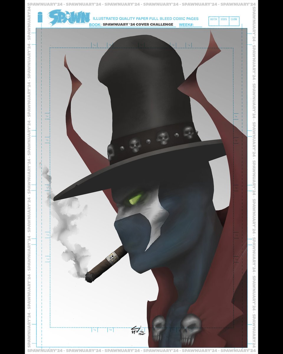 thefrxst's tweet photo. 2nd entry for #spawnuary 

This piece took more time than anticipated. I wanted to incorporate a cigar to design a unique cigar label. You know Todd, image 92 etc... In the end, I'm satisfied with the outcome. #spawnchallenge https://t.co/b1lgdXZFEL