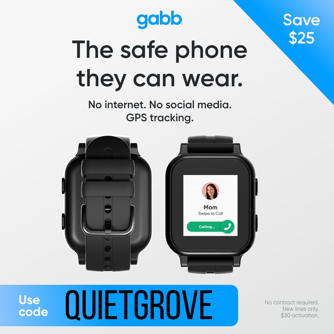 Right now you can save $25 off a new @GabbWireless Gabb Watch or phone with the code: QUIETGROVE at (affiliate) Gabb.com/promo/QuietGro… we have these watches for our two boys and the phone for our daughter and love them! 

#gabbpartner #gabbwatch #safekidssmartwatch