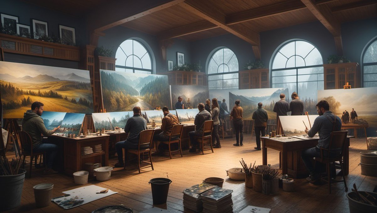 seals_happy's tweet image. &quot;a group of people are working on paintings in a large room&quot; 🥰

this is my entry for banner contest @GAICommunity @generaitiv 

Generated using: MOJO AI 🚀
LINK:gai.gg/c/banner-gai-c…

#GAICommunity #Generaitiv #BannerContest