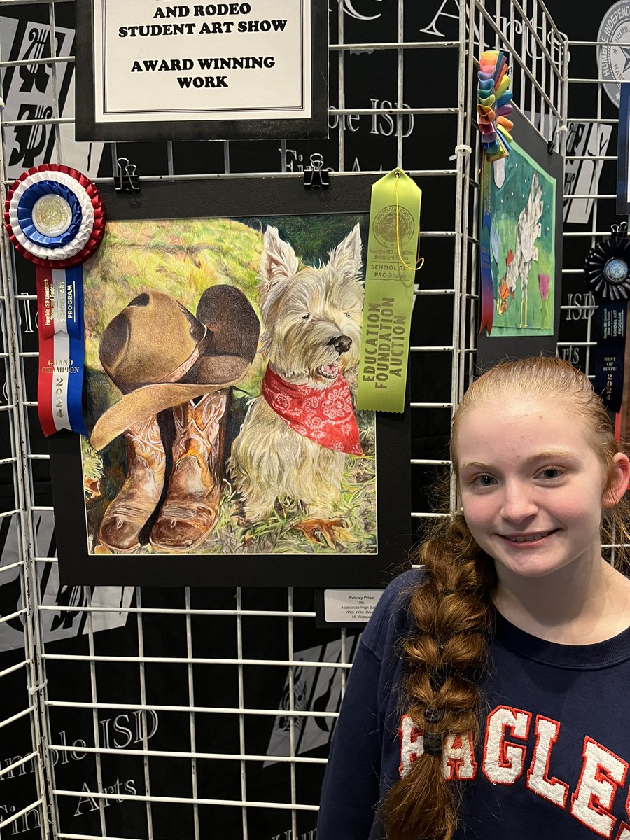AmandaPrice001's tweet photo. All of the students that participated and submitted art for the Houston Livestock Show and Rodeo were ABSOLUTELY fantastic and blew me away with all the talent! Paisley’s art was selected as GRAND CHAMPION of the district! Go Paisley @VisualArtHumble @HumbleISD @HumbleISD_AHS https://t.co/OkRA6lgBRJ