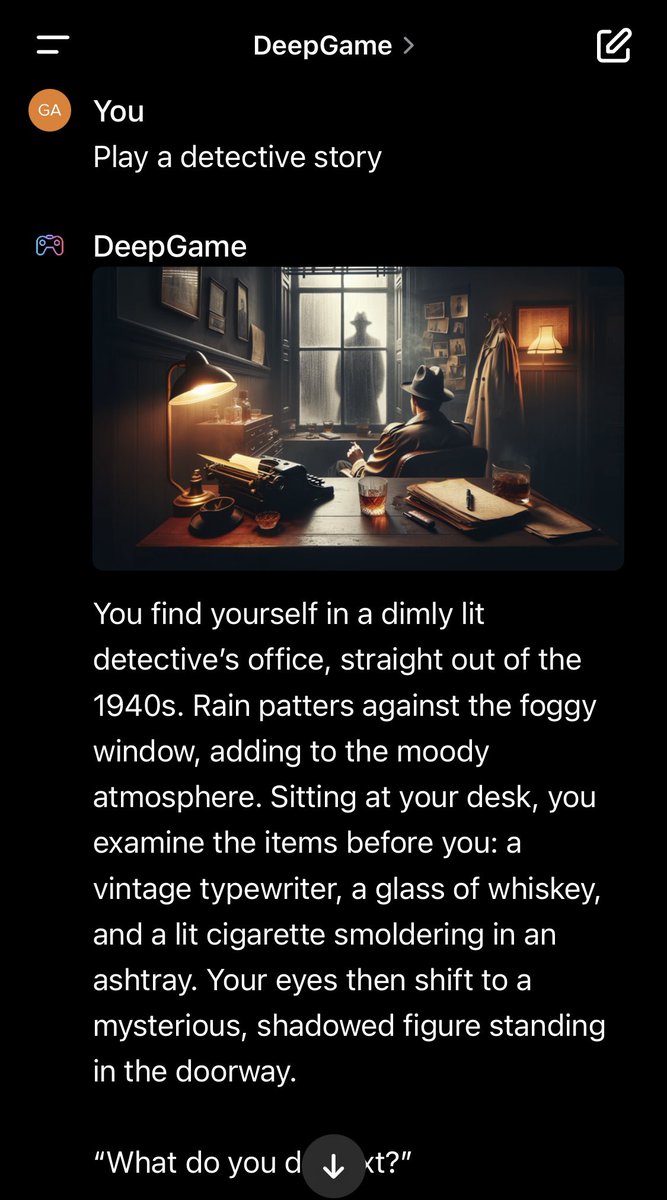 Gailweb3's tweet image. GPT-4&apos;s #deepgame is generating stories and art in real-time 🤯 I started with a default prompt &quot;play a detective story&quot; and off it went 🚀 it even asked me how I wanted the story to play out. Here&apos;s how that turned out ⬇️
