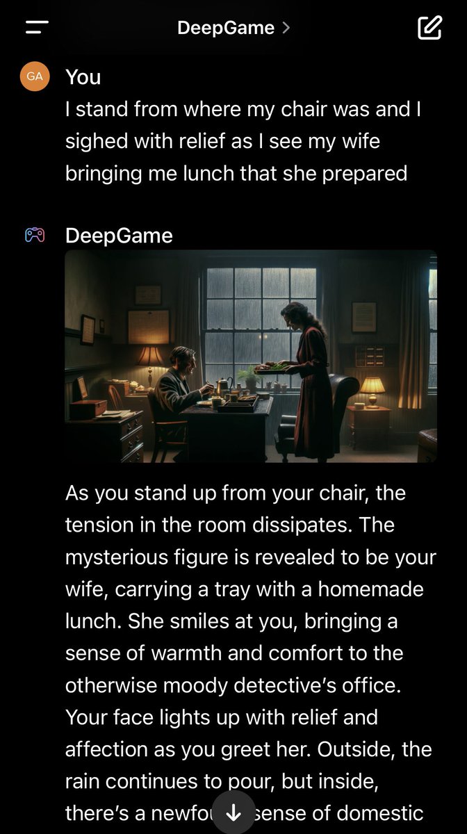 Gailweb3's tweet image. GPT-4&apos;s #deepgame is generating stories and art in real-time 🤯 I started with a default prompt &quot;play a detective story&quot; and off it went 🚀 it even asked me how I wanted the story to play out. Here&apos;s how that turned out ⬇️