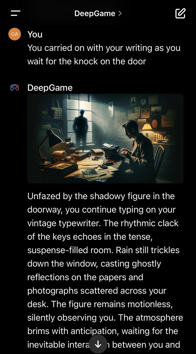 Gailweb3's tweet image. GPT-4&apos;s #deepgame is generating stories and art in real-time 🤯 I started with a default prompt &quot;play a detective story&quot; and off it went 🚀 it even asked me how I wanted the story to play out. Here&apos;s how that turned out ⬇️