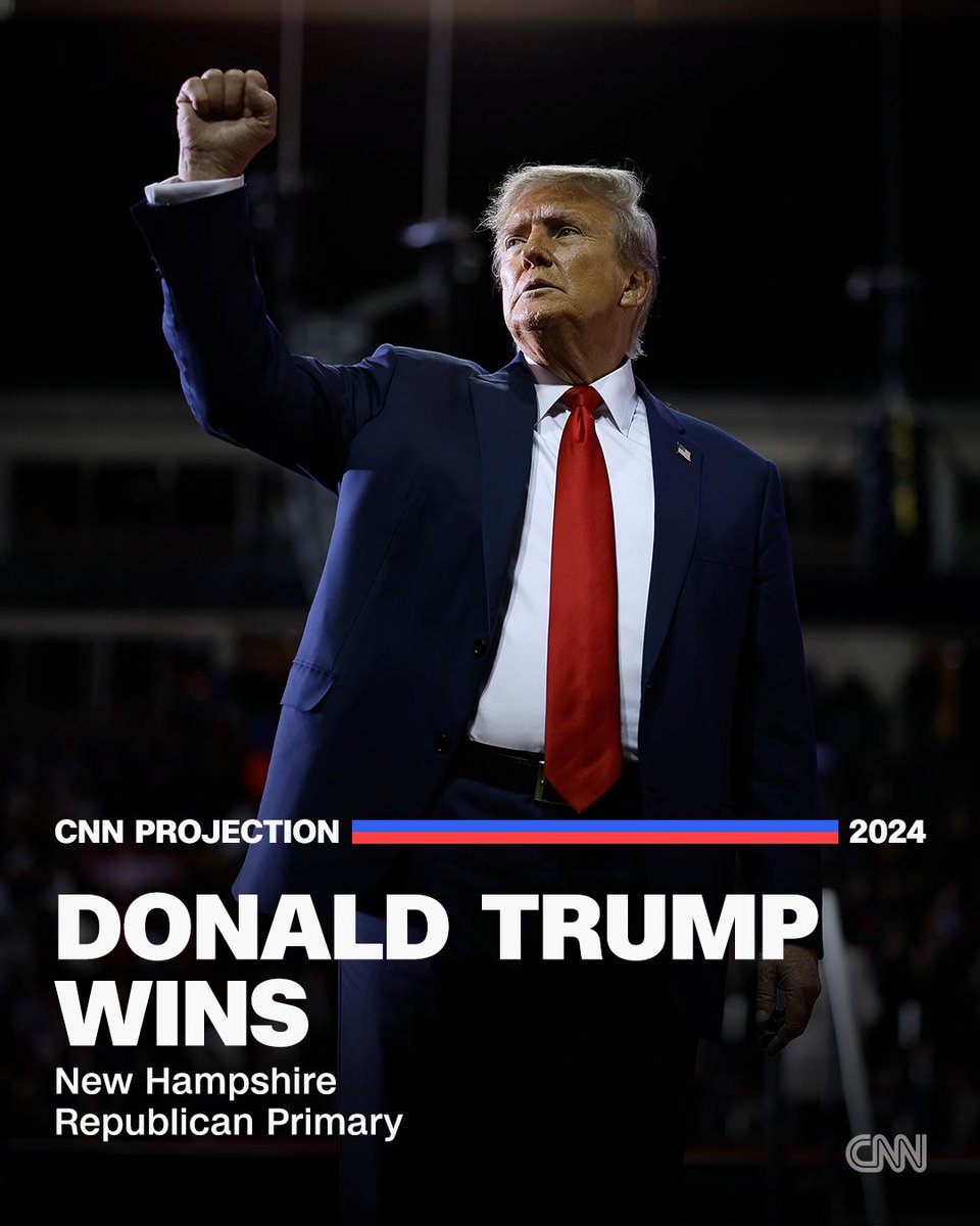 Donald Trump wins New Hampshire's Republican primary, CNN projects, defeating Nikki Haley. It's the first time in the modern primary era that the same candidate has won both Iowa and New Hampshire Republican contests, cementing Trump's hold on the GOP. cnn.it/48LGQoJ