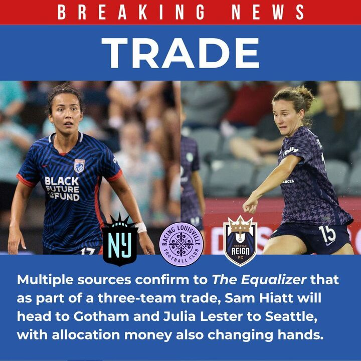 TheDanLauletta's tweet photo. #NWSL trade! Sources confirm to Equalizer that Sam Hiatt is heading to Gotham as part of 3-team trade. Julia Lester to the Reign. Allocation money also changing hands here. h/t @jennatonelli and @bekki_morgan (Racing Lou the 3rd team) https://t.co/UK7jcZYxP2