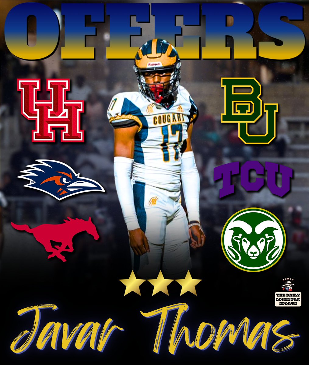 First six offers for the 3 ⭐️ 2025 OLB out of Nimitz High School, Javar Thomas (@javarsports).

#Texas #TXHSFB #Houston #UTSA #SMU #Baylor #TCU #ColoradoState