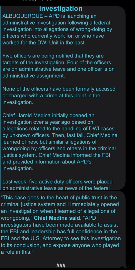 ThomasRGrover's tweet image. Under APD and CBA rules and regs, IA investigations must be completed in 120 days max; this statement confirms the policies have been violated. @ABQPoliceChief  #GotMath?
@koat7news @krqe @KKOBradio @ABQJournal @NMinFocus