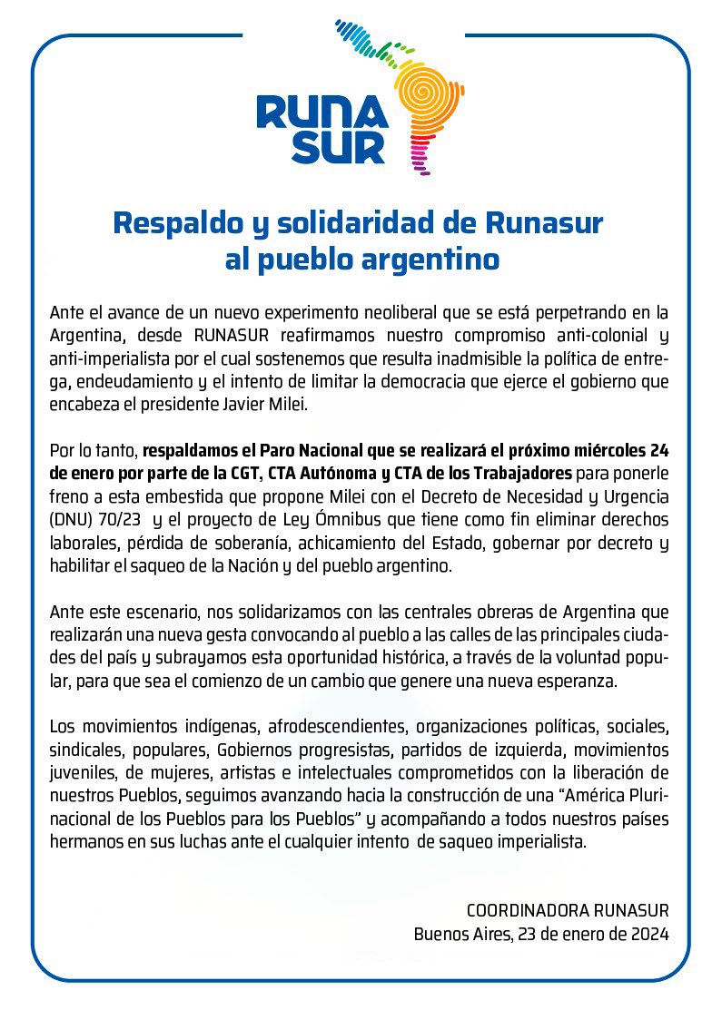 #RUNASUR se solidariza con el pueblo argentino y respalda el Paro Nacional del miércoles 24 de enero, promovido por la CGT, CTA Autónoma y CTA contra el Decreto de Necesidad y Urgencia (DNU) 70/23 y el proyecto de Ley Ómnibus que tiene como fin eliminar derechos laborales.
