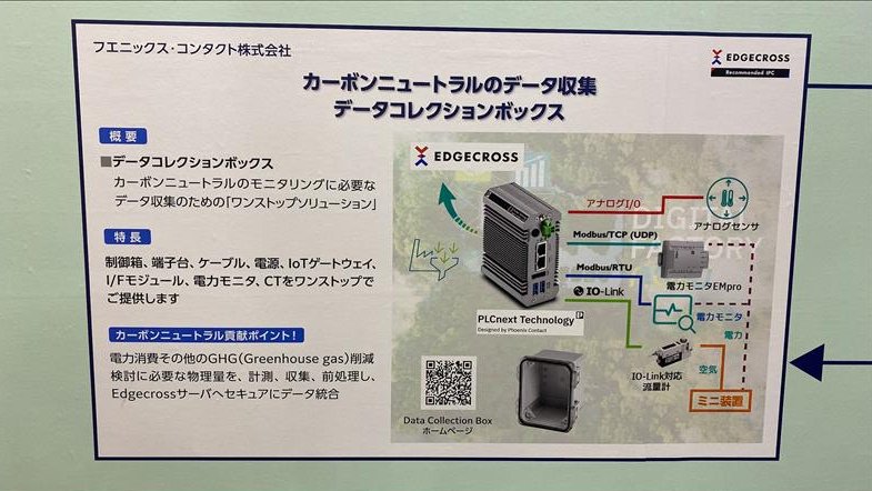 yoko_mari_pxc's tweet photo. 今日スタート「#スマート工場EXPO」📷#Edgecross さんブース内 ”#カーボンニュートラル ソリューション”出展中のデータコレクションボックス!🌎
電力消費やGHG削減に必要なデータ入手を目的とし、ボックスから内蔵する接続部品やモニター電源などをまるっとご提供👀
https://t.co/JjvRFpVmxh https://t.co/wGOo3jr4fl