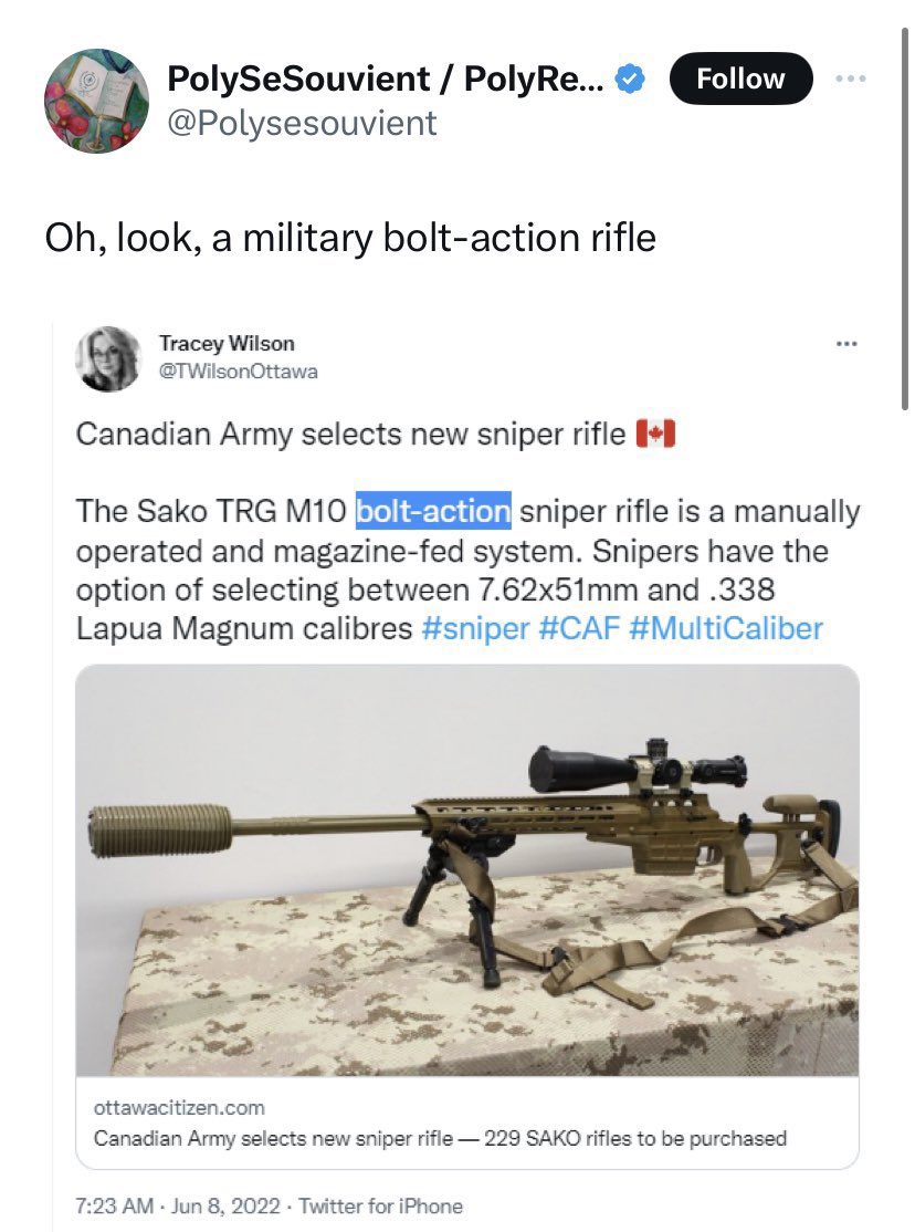 Dicky_Paul_95's tweet photo. You constantly post about bolt-action rifles you donโt like, popular hunting rifles like the SKS, magazines used in bolt action rifles and even .22 caliber firearms (the most popular plinking and hunting round).
โYou are nextโ is very much accurate based on your own words. https://t.co/rvN9rPVcxd