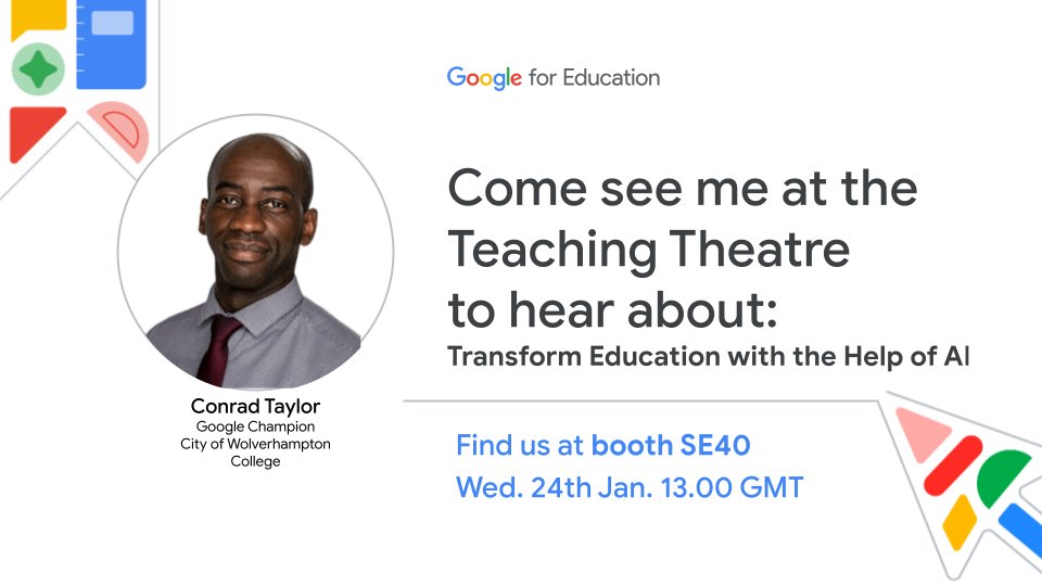 Are you planning on attending #Bett2024 this week? Join me and other #GoogleEdu #GoogleChampions at the Teaching Theatre. I will be discussing how we can transform education with the help of AI and how we are using AI at <a href="/wolvcoll/">City of Wolverhampton College</a>.