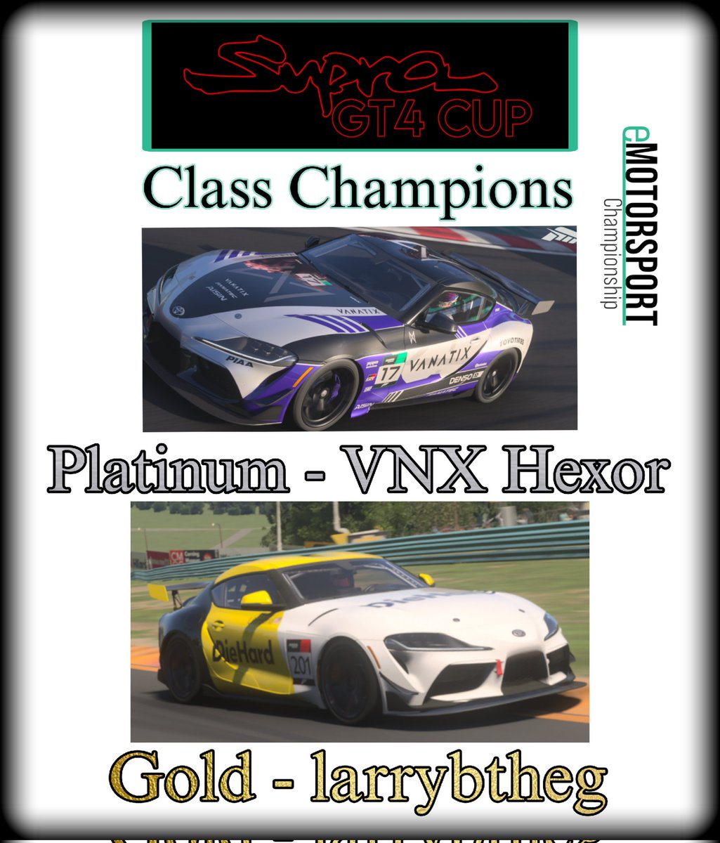 eMotorsport Championship (@go_emotorsport) on Twitter photo Let's give a round of applause for out Class Champions of the Supra GT4 Cup! <a href="/VanatixES/">Vanatix eSports</a> driver Hexor takes the Platinum class trophy and <a href="/larrybtheg/">Larry Bartolomei</a> secures the Gold class trophy. This series saw excellent racing all season, once again give it up four your champions!
#FMshare Let's give a round of applause for out Class Champions of the Supra GT4 Cup! <a href="/VanatixES/">Vanatix eSports</a> driver Hexor takes the Platinum class trophy and <a href="/larrybtheg/">Larry Bartolomei</a> secures the Gold class trophy. This series saw excellent racing all season, once again give it up four your champions!
#FMshare