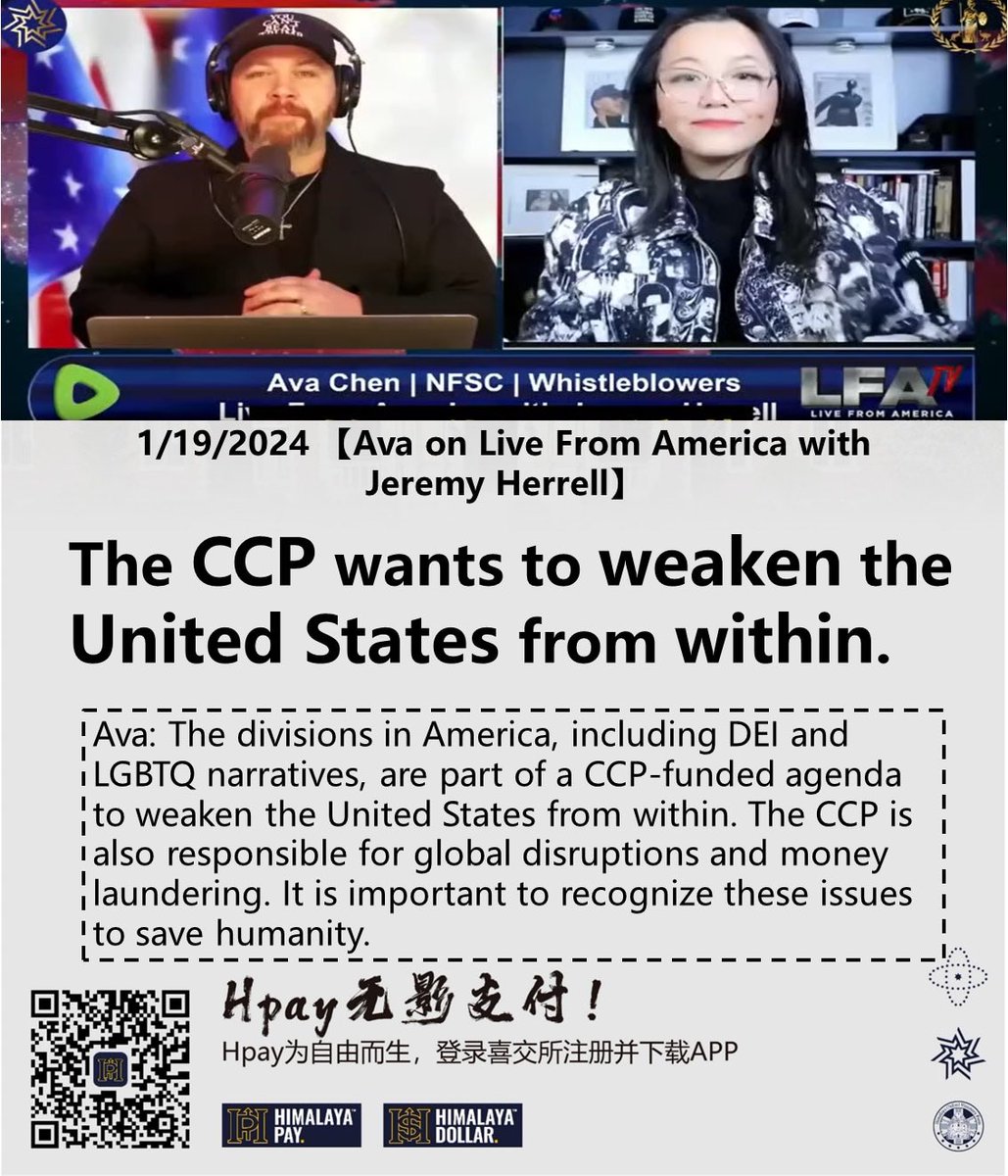 himalaya7nfsc's tweet photo. 01/19/2024 #Ava on Live From America with #Jeremy #Herrell 
Ava: The divisions in America, including #DEI and #LGBTQ narratives, are part of a CCP-funded agenda to weaken the United States from within. The #CCP is also responsible for global disruptions and money laundering.….. https://t.co/x9kQnGqrZd