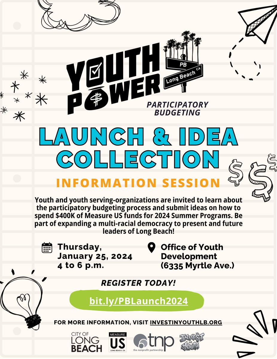 kgalb's tweet photo. Youth and youth serving-orgs are invited this Thursday to learn about the PB process and submit ideas on how to spend $400K for 2024 Summer Programs! Be part of expanding multi-racial democracy to young leaders of LB!  #YPPBLB 

Add'l tag:
@DrJuanMBenitez
@DSupernaw
@theAlAustin https://t.co/OrRpLLtKr5
