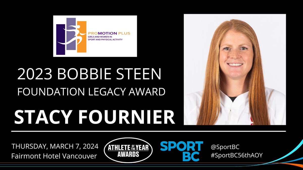 SportBC's tweet photo. Congratulations to Stacy Fournier - selected to receive the 2023 Bobbie Steen Legacy Foundation Award!  The award is for an emerging female leader who demonstrates her commitment to leading in gender equity in B.C. We look forward to celebrating Stacy at #SportBC56thAOY https://t.co/EOoTTPnykK