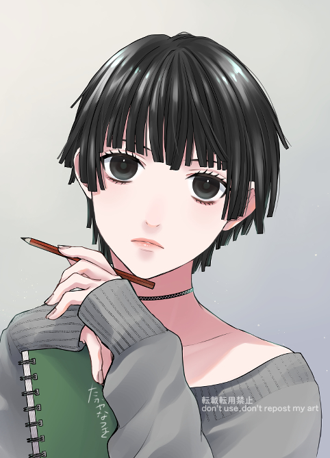 solo black hair 1girl short hair black eyes looking at viewer holding  illustration images