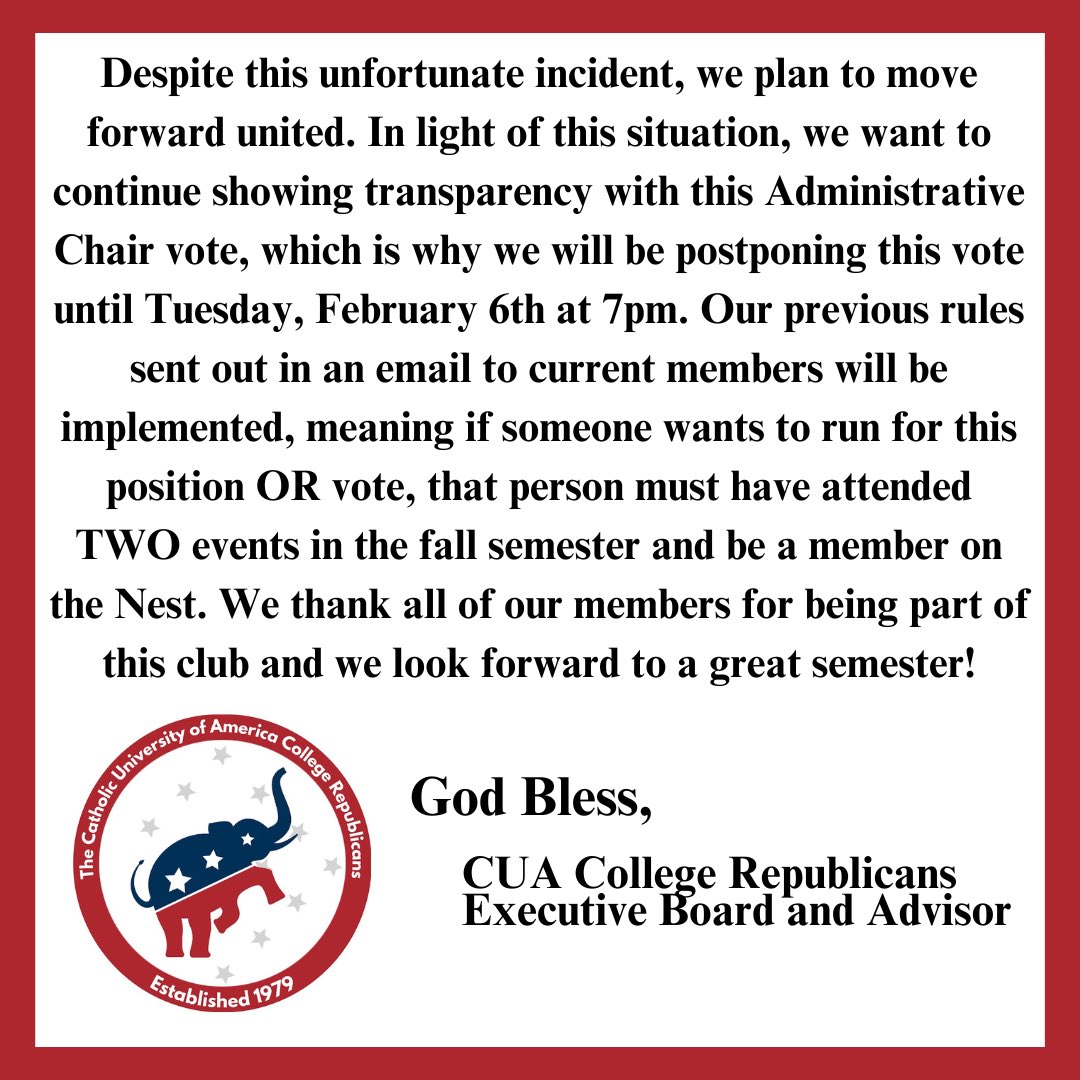 CUA_Republicans's tweet photo. Thank you to all of our current members and we look forward to another great semester! 

God Bless,

George Pierson, Ashley Martin, Jeff Lance, Michael Dane, and Dr. Michael New https://t.co/s8EDPkx4ey