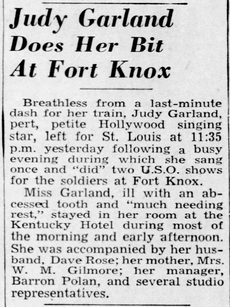 TheJudyRoom's tweet photo. January 23, 1942:  Judy's USO tour with her husband David Rose took them to Fort Knox in Louisville, Kentucky.  

#judygarland #fortknox #ftknox #lizaminnelli #USO #usotours #thejudyroom https://t.co/udY0vuT8X9