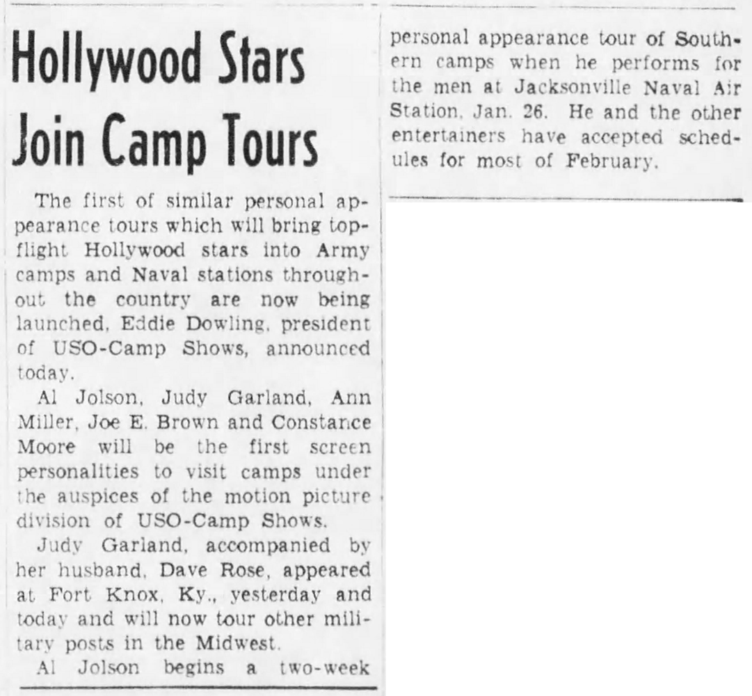 TheJudyRoom's tweet photo. January 23, 1942:  Judy's USO tour with her husband David Rose took them to Fort Knox in Louisville, Kentucky.  

#judygarland #fortknox #ftknox #lizaminnelli #USO #usotours #thejudyroom https://t.co/udY0vuT8X9
