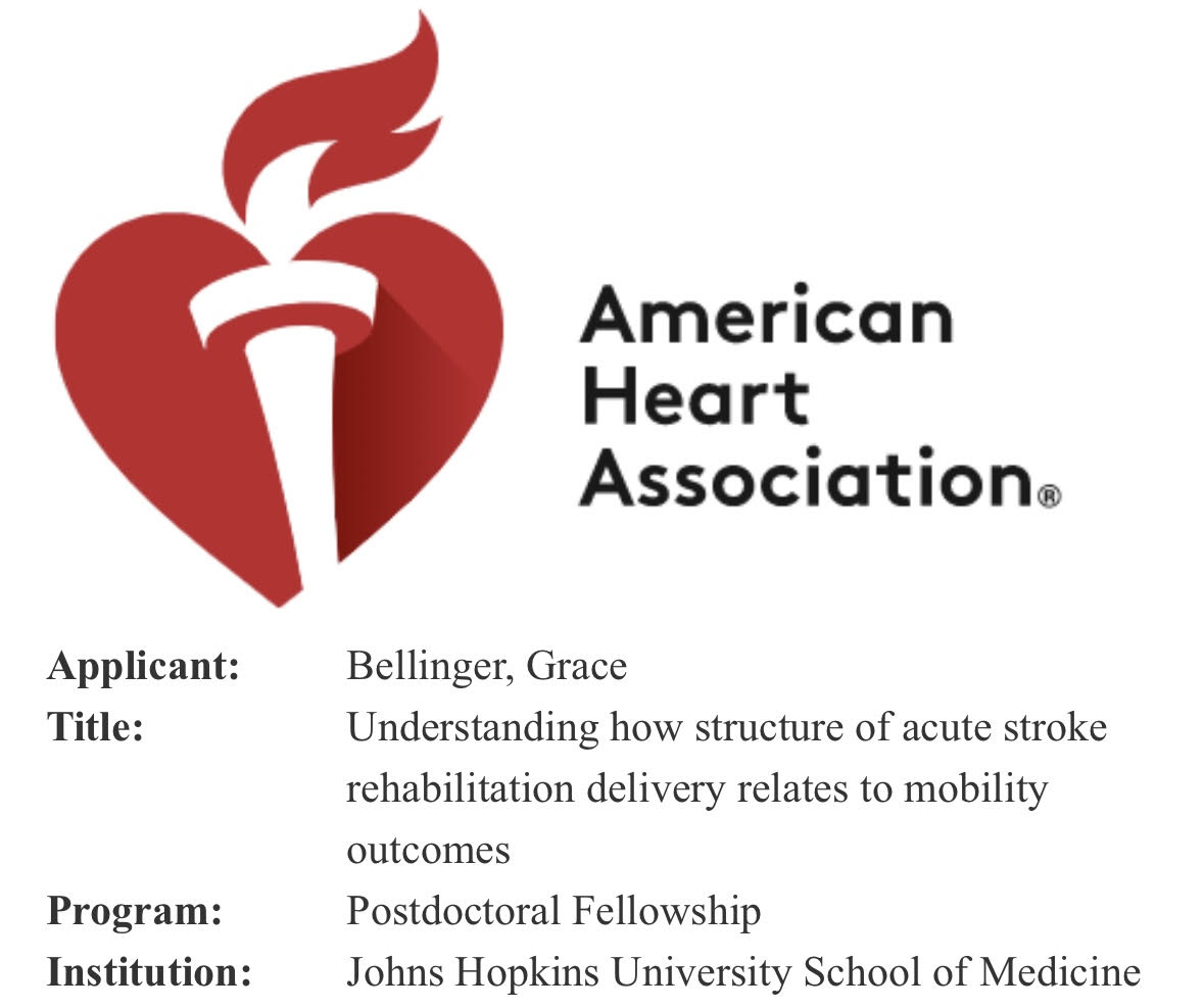 GraceCBellinger's tweet image. Excited to announce that I was awarded a two-year @American_Heart Postdoctoral Fellowship to support my work @RehabPMCOE @RehabHopkins! Thank you to the AHA and my amazing colleagues, especially my mentors @RyanRoemmich, @motor_recovery, and @MaggieFrenchDPT, for all the support!