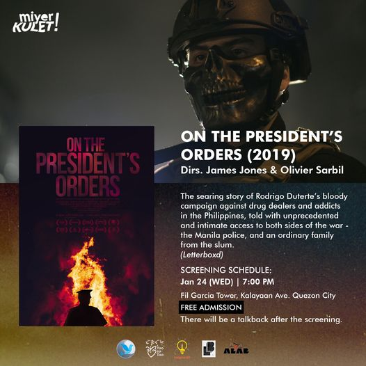 HRPECPhils's tweet photo. LIBRENG SINE! Ipapalabas mamaya sa HULING MiyerKULET! sa Fil Garcia Tower ang

On the President's Orders (2019, Director's Cut)
nina Dir. James Jones at Dir. Olivier Sarbil

May diskusyon pagkatapos ng palabas.

7 p.m. | Rooftop, Fil Garcia Tower
Kalayaan Ave. cor. Mayaman St, QC https://t.co/jsYAFf5tZs