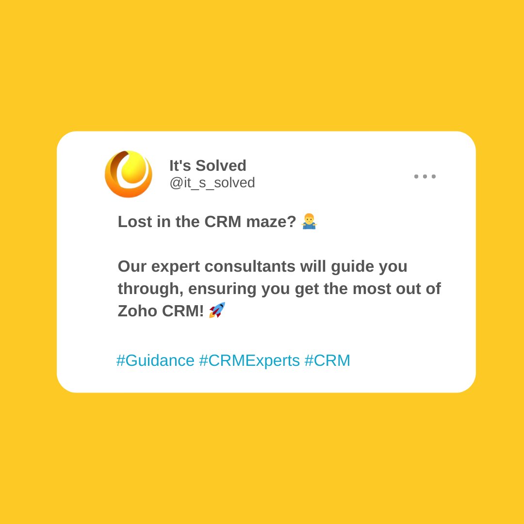 Lost in the CRM maze? 🤷‍♂️ 

Our expert consultants will guide you through, ensuring you get the most out of Zoho CRM! 🚀 

#Guidance #CRMExperts #CRM 

Visit:- itsolutionssolved.com.au/zoho-crm