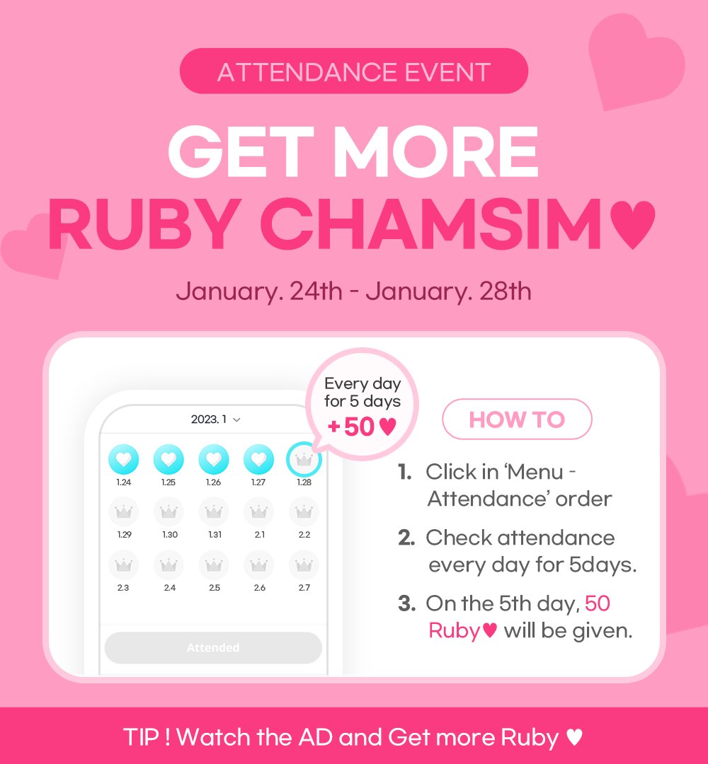 🌟 IDOL CHAMP – Attendance Event 🌟 Ayo cek kehadiran selama 5 hari berturut-turut dimulai hari ini dan pada hari kelima 50❤ Ruby otomatis akan didapatkan. 🗓️: 24 ~ 28 Januari 2024 Jangan lewatkan event ini, ARMY! Tutorial: bit.ly/IVT_IdolChamp